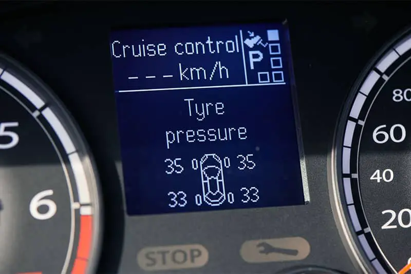The dashboard display showing normal tire pressures on all four wheels.